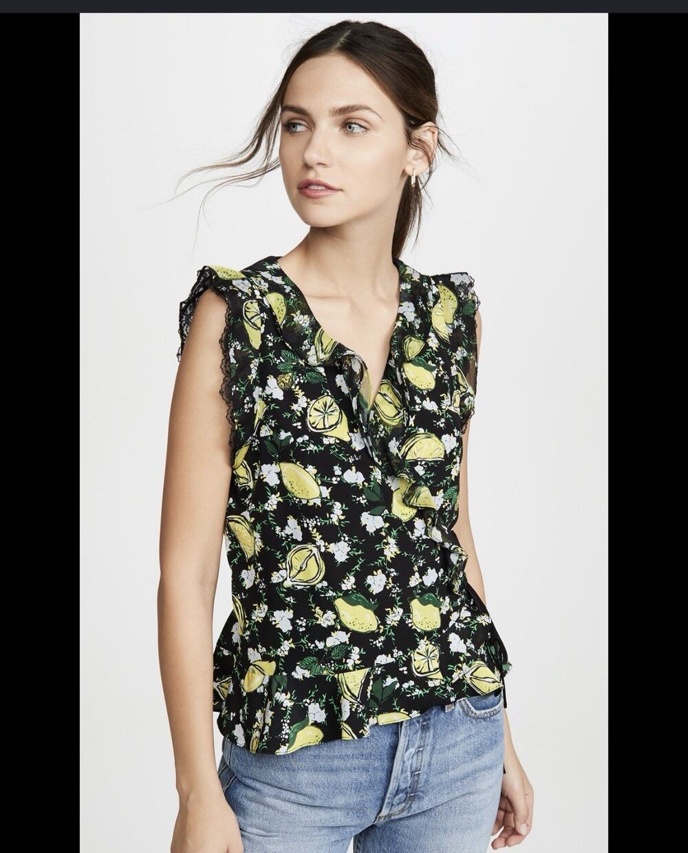Diane von Furstenberg Peona Silk Wrap Ruffle Blouse Lemon Print M